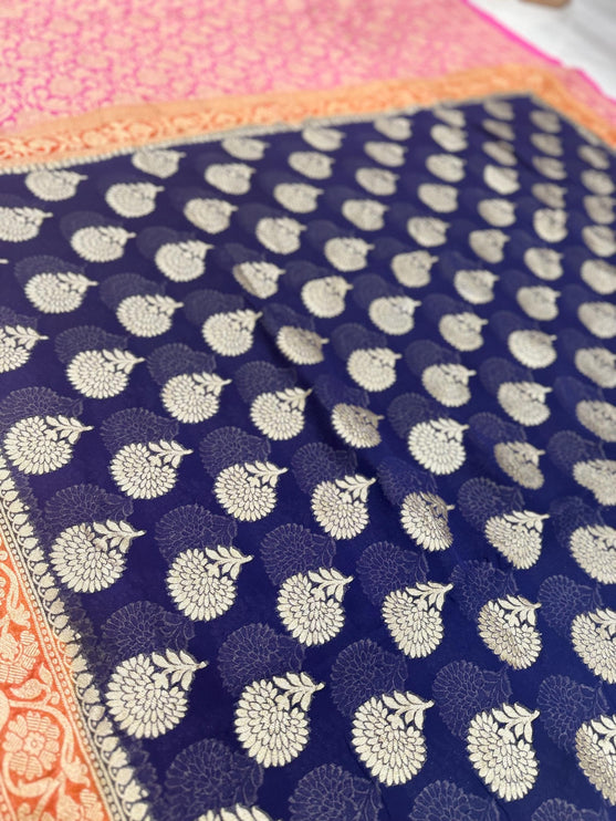 Banarasi Khaddi Georgette Saree: 3D Zari Butta, Deep Blue & Pink