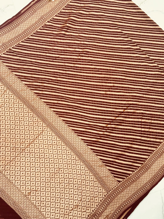 Banarasi Khaddi Georgette Saree: Chocolate Lehriya with Gold Zari Stripes