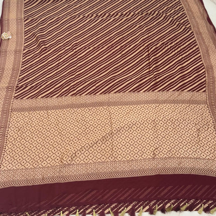 Banarasi Khaddi Georgette Saree: Chocolate Lehriya with Gold Zari Stripes