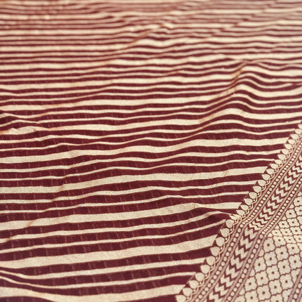 Banarasi Khaddi Georgette Saree: Chocolate Lehriya with Gold Zari Stripes