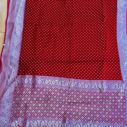 Red Banarasi Khaddi Georgette Saree, Silver Zari Butta