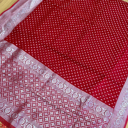 Red Banarasi Khaddi Georgette Saree, Silver Zari Butta