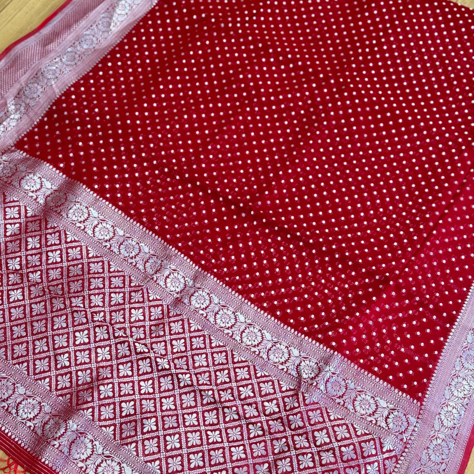 Red Banarasi Khaddi Georgette Saree, Silver Zari Butta