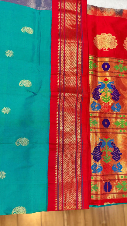 Authentic Paithani from Yeola | 100% handwoven Pure Silk saree |Rama with Red border|Kadiyal Maharan