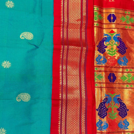Authentic Paithani from Yeola | 100% handwoven Pure Silk saree |Rama with Red border|Kadiyal Maharani|Silk Mark Certified