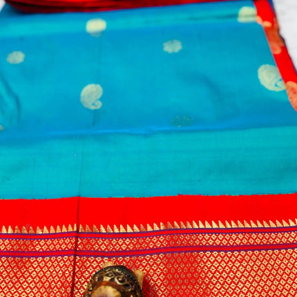 Authentic Paithani from Yeola | 100% handwoven Pure Silk saree |Rama with Red border|Kadiyal Maharani|Silk Mark Certified
