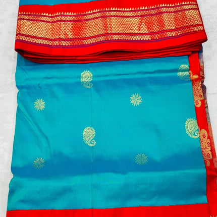 Authentic Paithani from Yeola | 100% handwoven Pure Silk saree |Rama with Red border|Kadiyal Maharani|Silk Mark Certified