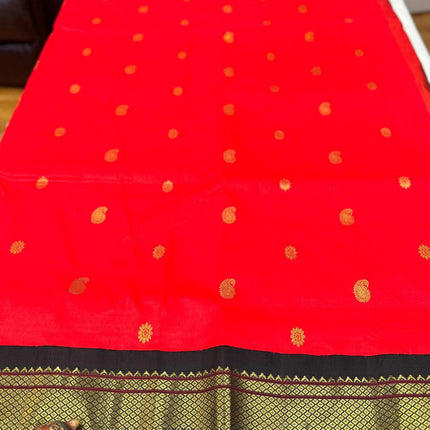 Authentic Paithani from Yeola | 100% handwoven Pure Silk saree |Red with Black border|Kadiyal Maharani|Silk Mark Certified