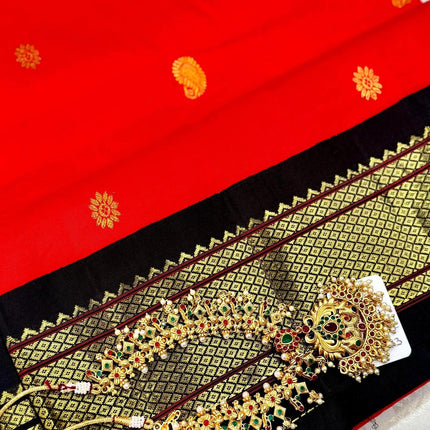 Authentic Paithani from Yeola | 100% handwoven Pure Silk saree |Red with Black border|Kadiyal Maharani|Silk Mark Certified