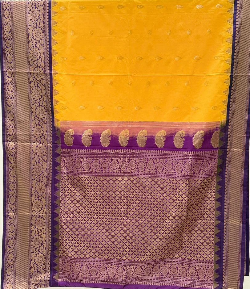Pure Gadwal semi-Silk Saree | Silk | Bright Yellow with Purple border