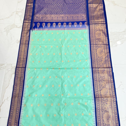 Pure handloom Gadwal semi-Silk Saree | Silk | Seagreen with Ink Blue border