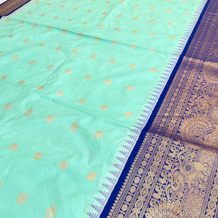 Pure handloom Gadwal semi-Silk Saree | Silk | Seagreen with Ink Blue border