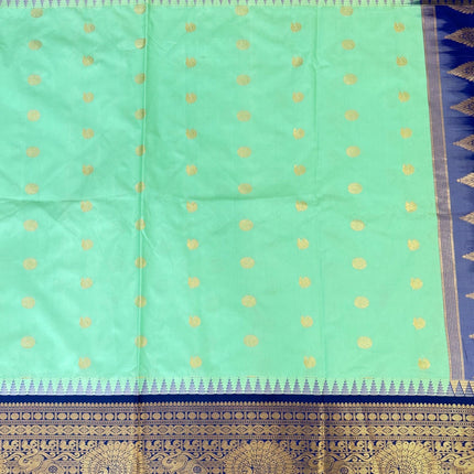 Pure handloom Gadwal semi-Silk Saree | Silk | Seagreen with Ink Blue border