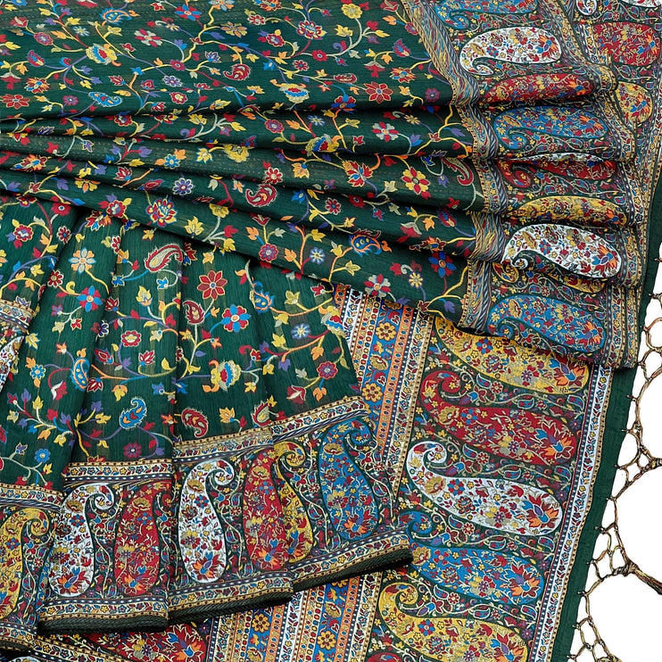 Kashmiri Kalamkari Saree | Cotton Silk, Floral Weave with Tassels