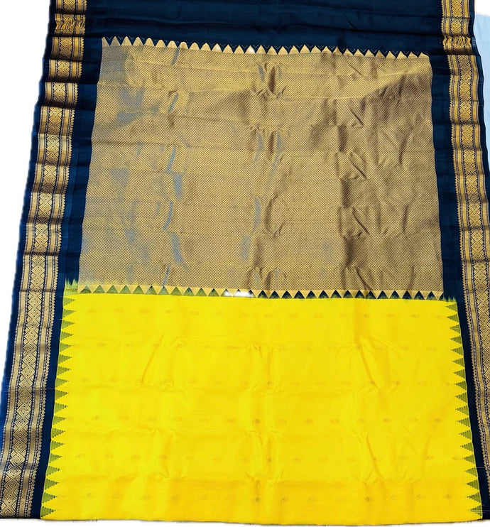 Handloom Gadwal Silk Saree | Yellow with Black Border, Silk Mark Certified