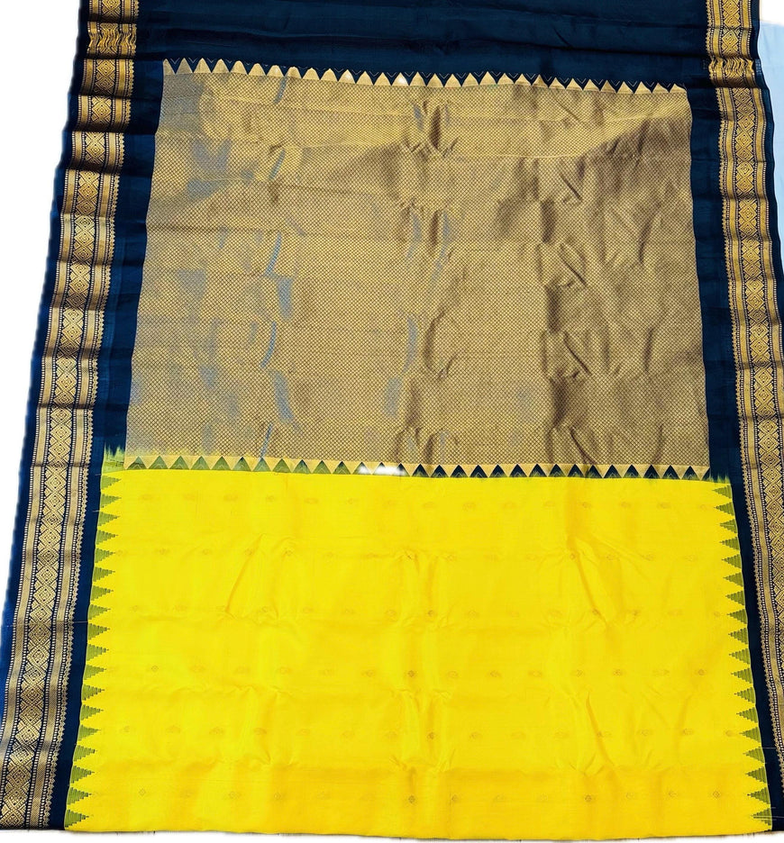 Handloom Gadwal Silk Saree | Yellow with Black Border, Silk Mark Certified