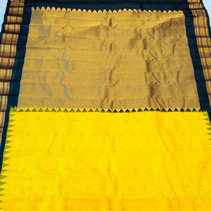 Handloom Gadwal Silk Saree | Yellow with Black Border, Silk Mark Certified
