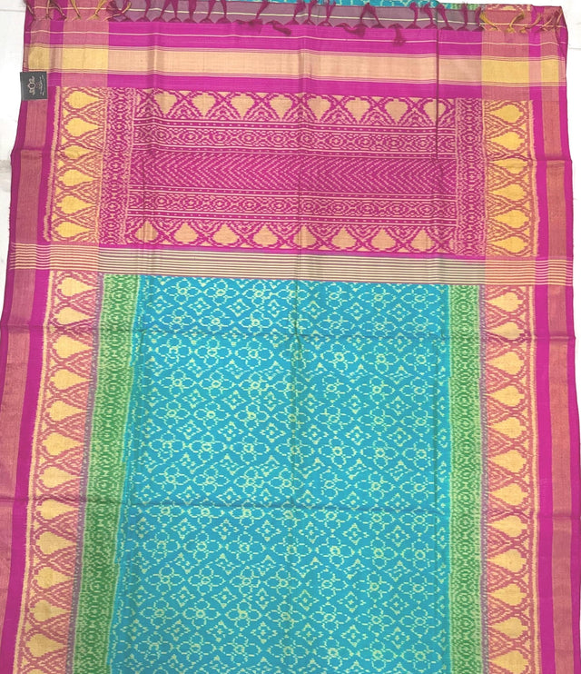 Handloom Rajkot Patola Silk Saree: Firozi Blue & Magenta