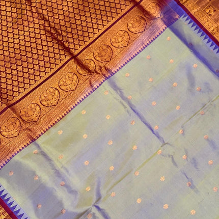 Pure Silk Gadhwal Saree | English Grey, Maroon Border, Motifs (Silk Mark Certified)