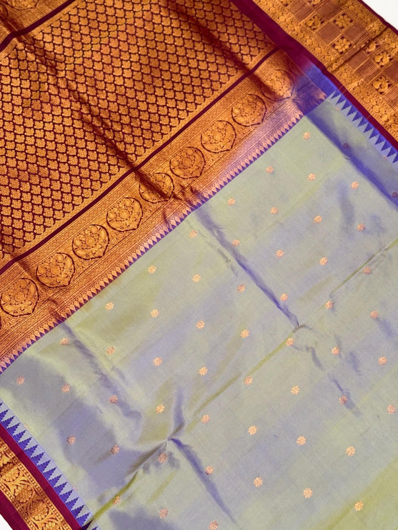 Pure Silk Gadhwal Saree | English Grey, Maroon Border, Motifs (Silk Mark Certified)