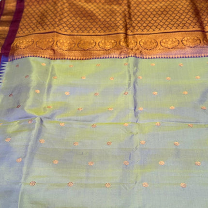 Pure Silk Gadhwal Saree | English Grey, Maroon Border, Motifs (Silk Mark Certified)
