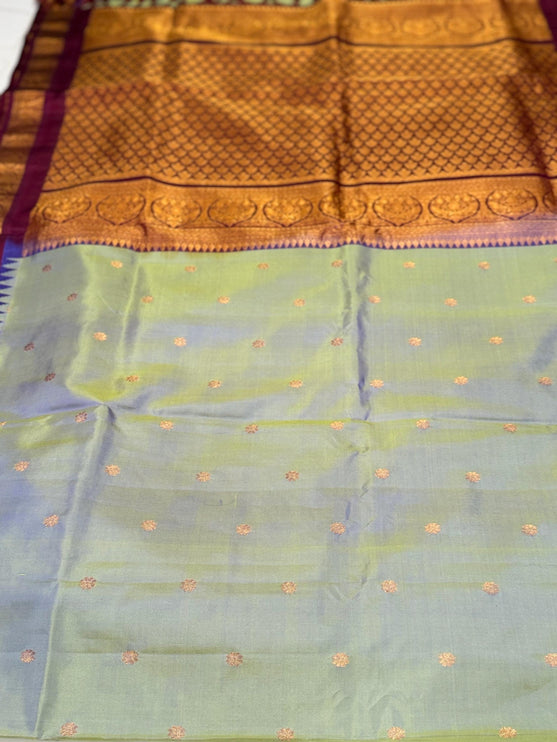 Pure Silk Gadhwal Saree | English Grey, Maroon Border, Motifs (Silk Mark Certified)