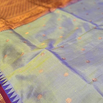 Pure Silk Gadhwal Saree | English Grey, Maroon Border, Motifs (Silk Mark Certified)