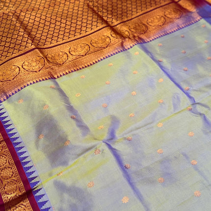Pure Silk Gadhwal Saree | English Grey, Maroon Border, Motifs (Silk Mark Certified)