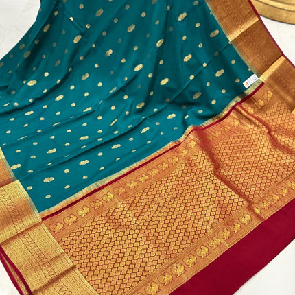 Rama Green Mysore Silk Saree | Silver & Gold Zari, Silk Mark Certified