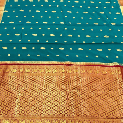 Rama Green Mysore Silk Saree | Silver & Gold Zari, Silk Mark Certified