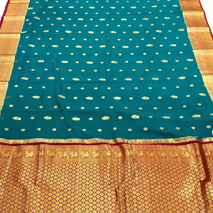 Rama Green Mysore Silk Saree | Silver & Gold Zari, Silk Mark Certified
