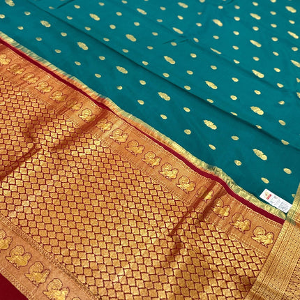 Rama Green Mysore Silk Saree | Silver & Gold Zari, Silk Mark Certified