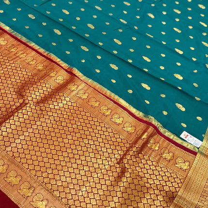 Rama Green Mysore Silk Saree | Silver & Gold Zari, Silk Mark Certified