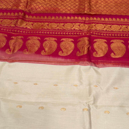 Silk Mark Certified Beige Gadhwal Silk Saree | Rani Pink Border