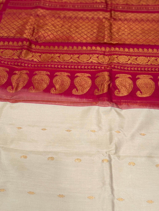 Silk Mark Certified Beige Gadhwal Silk Saree | Rani Pink Border