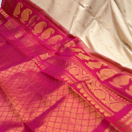 Silk Mark Certified Beige Gadhwal Silk Saree | Rani Pink Border