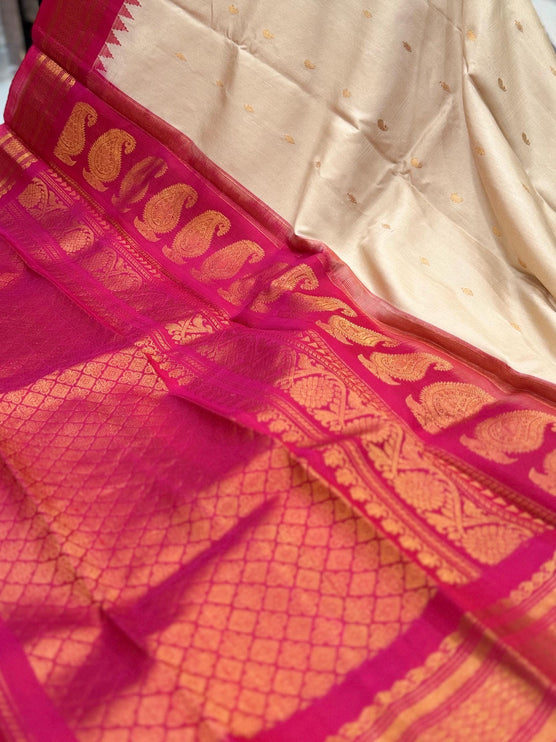 Silk Mark Certified Beige Gadhwal Silk Saree | Rani Pink Border