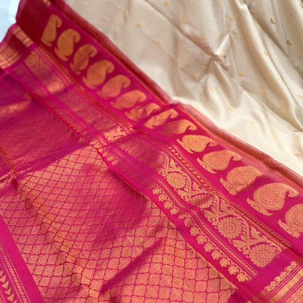 Silk Mark Certified Beige Gadhwal Silk Saree | Rani Pink Border
