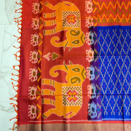 Handloom Ikkat Patola Silk Saree: Blue with Orange Border