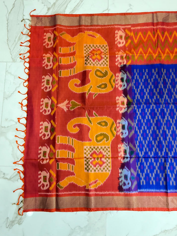 Handloom Ikkat Patola Silk Saree: Blue with Orange Border