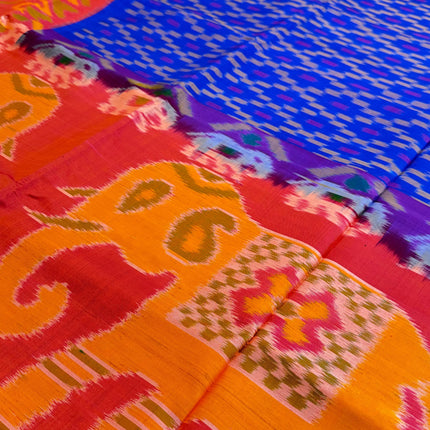 Handloom Ikkat Patola Silk Saree: Blue with Orange Border