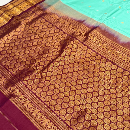 Handloom Gadhwal Silk Saree | Pista-Rama, Maroon Border, Motifs | Silk Mark Certified