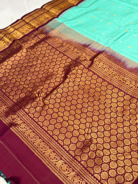 Handloom Gadhwal Silk Saree | Pista-Rama, Maroon Border, Motifs | Silk Mark Certified