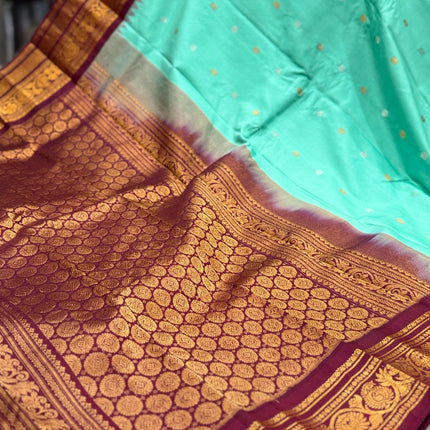 Handloom Gadhwal Silk Saree | Pista-Rama, Maroon Border, Motifs | Silk Mark Certified