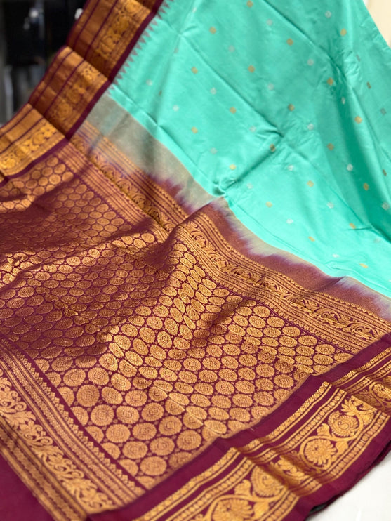 Handloom Gadhwal Silk Saree | Pista-Rama, Maroon Border, Motifs | Silk Mark Certified