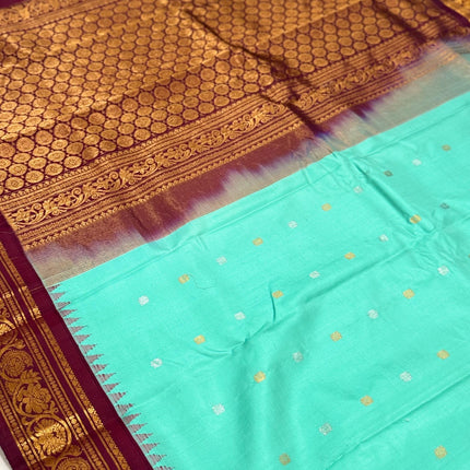 Handloom Gadhwal Silk Saree | Pista-Rama, Maroon Border, Motifs | Silk Mark Certified