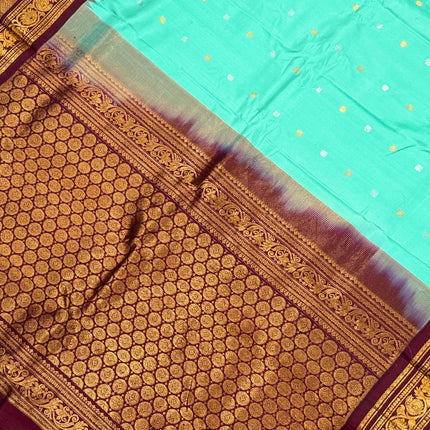Handloom Gadhwal Silk Saree | Pista-Rama, Maroon Border, Motifs | Silk Mark Certified