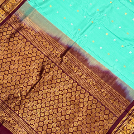 Handloom Gadhwal Silk Saree | Pista-Rama, Maroon Border, Motifs | Silk Mark Certified
