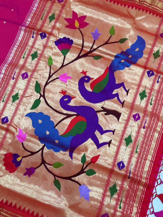 SILK MARK CERTIFIED Handwoven Maharani Paithani Saree | Rani Pink Silk with Red Border
