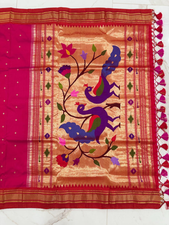 SILK MARK CERTIFIED Handwoven Maharani Paithani Saree | Rani Pink Silk with Red Border